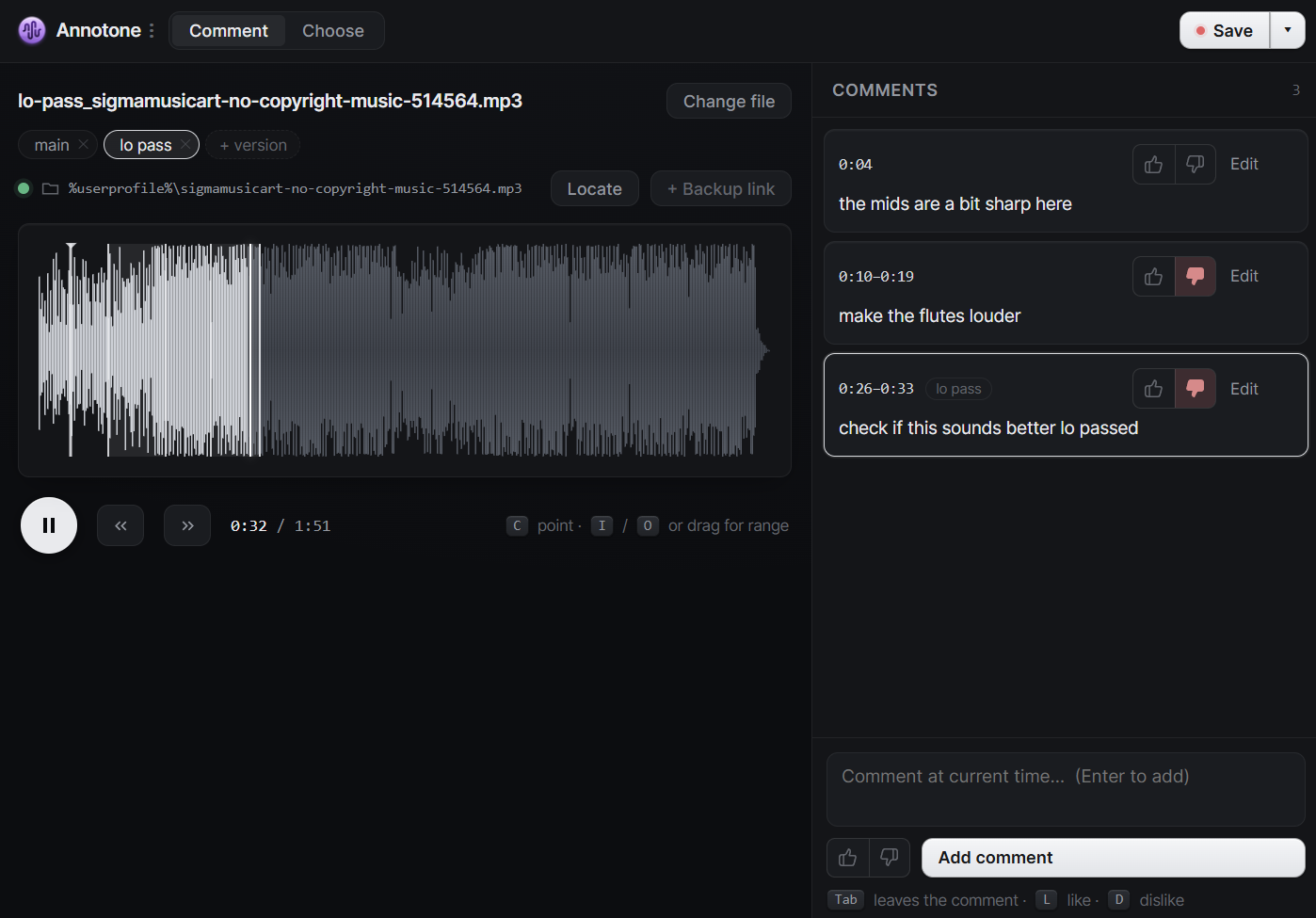 Annotone comparing audio versions with time-aligned comments