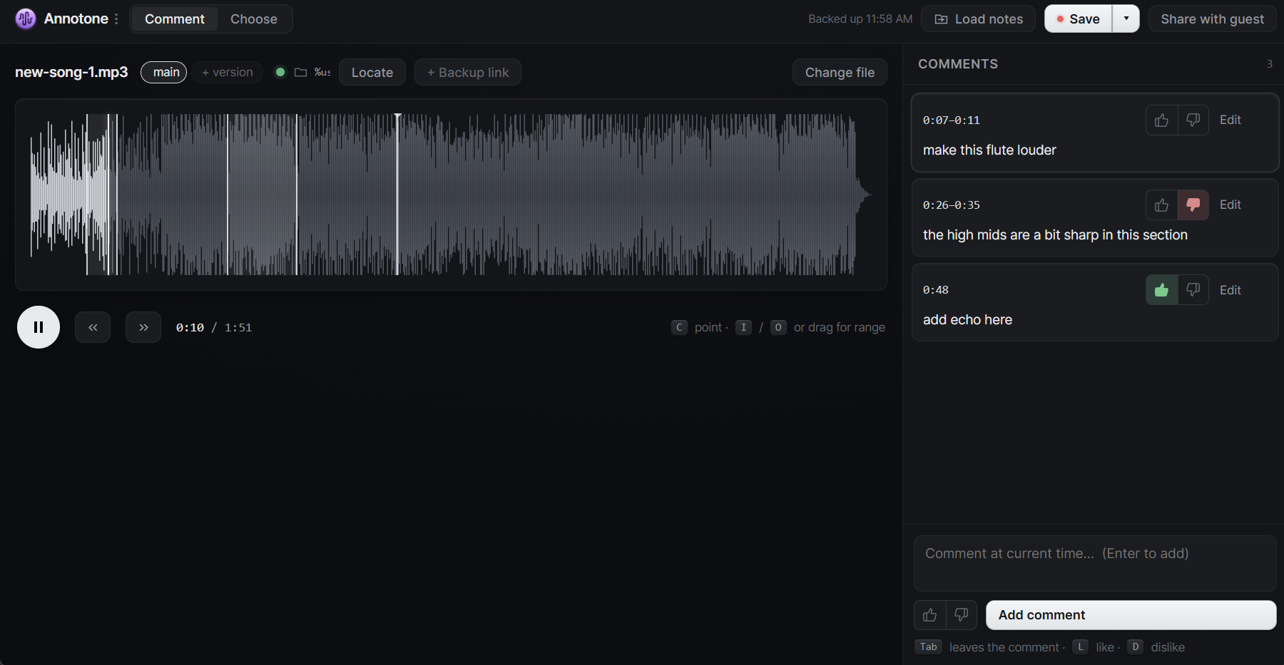 Annotone showing timestamped comments and selected intervals on an audio waveform
