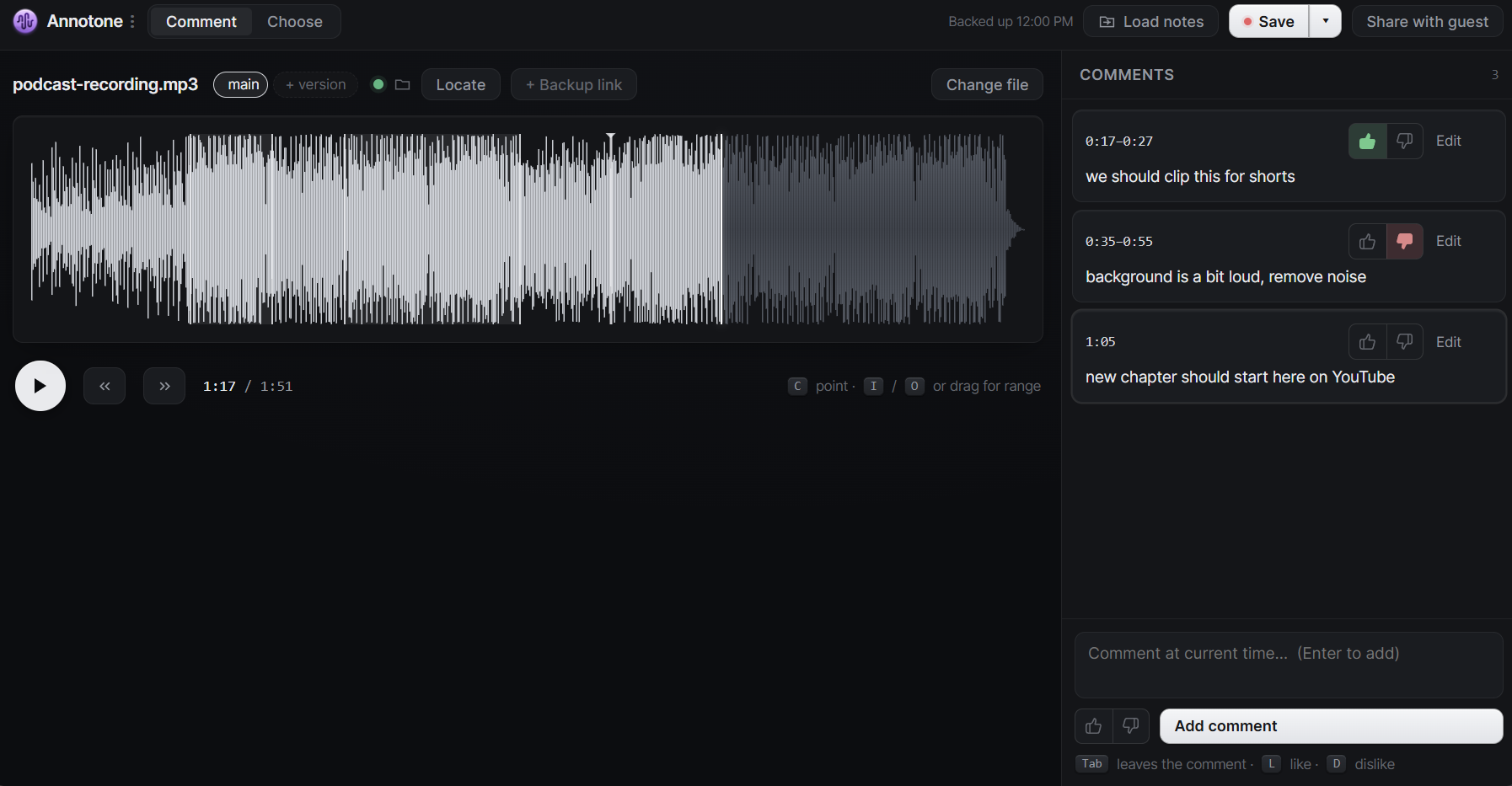 Annotone showing podcast editing notes for clips, background noise, and chapter markers