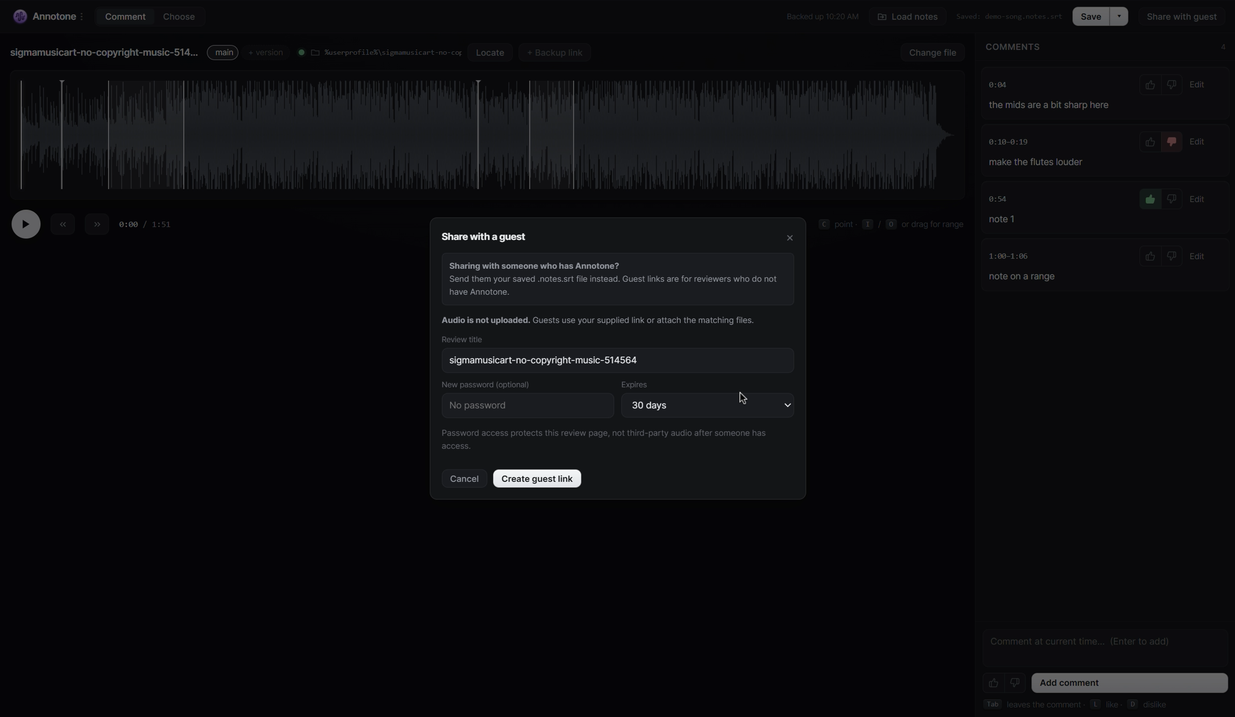 Annotone guest review dialog with a review title, optional password, and expiration settings