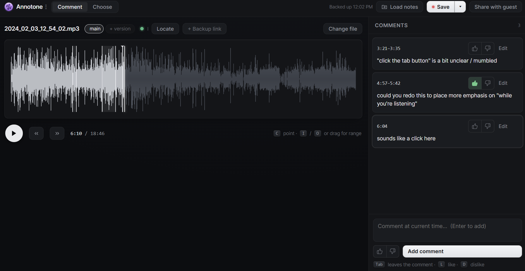 Annotone showing timestamped voiceover feedback on pronunciation, emphasis, and unwanted clicks